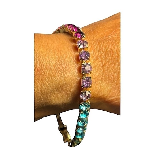 NEW Gold Tone Multi Colored Stone Tennis Bracelet 8" Blue Pink Green - Picture 4 of 9